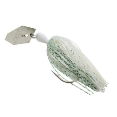 Z-Man Chatter Bait hex blade closeup shows weed-guard protection and flashing lure action.