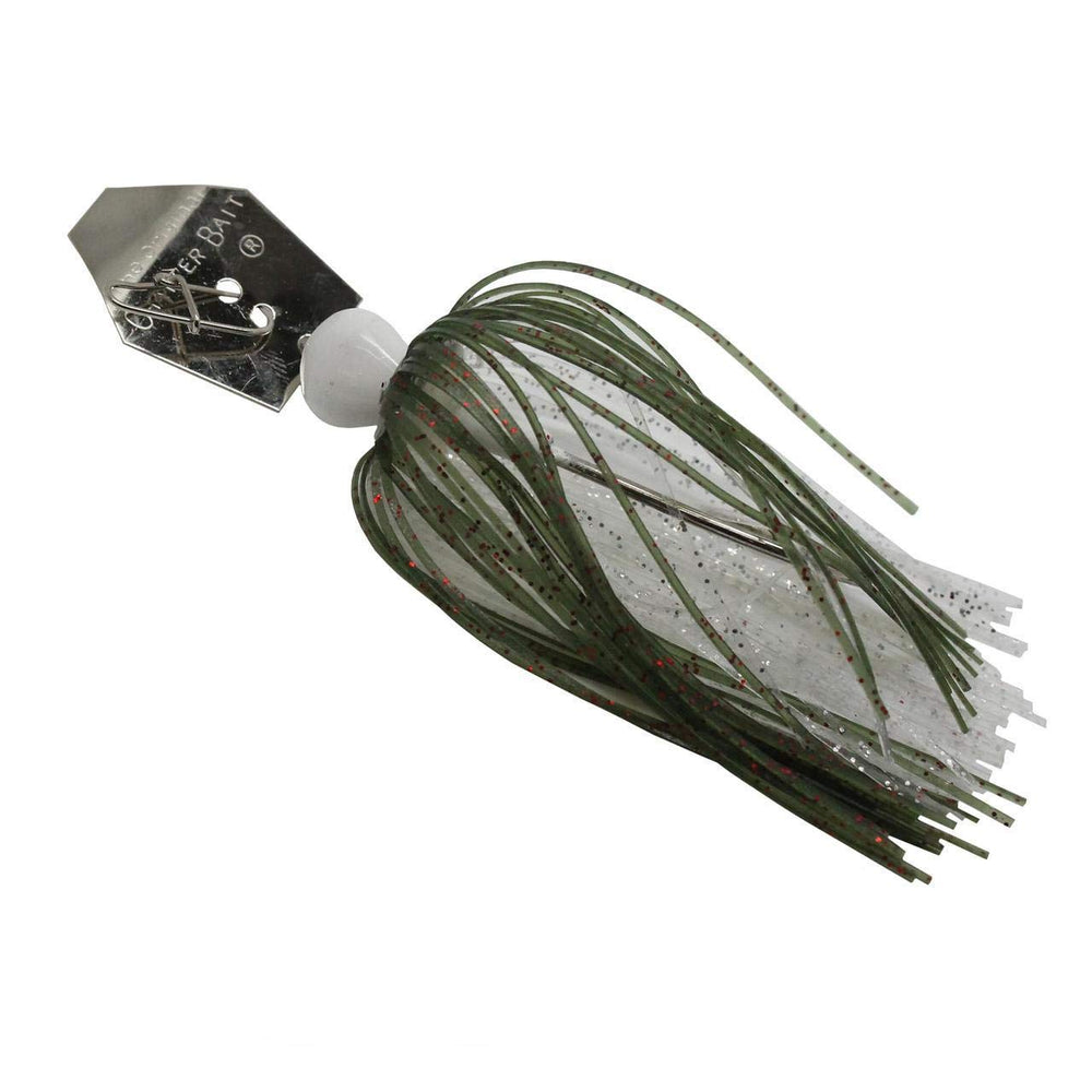 Z-Man Chatter Bait Redbone side-view showing flash and wobble to attract bass.