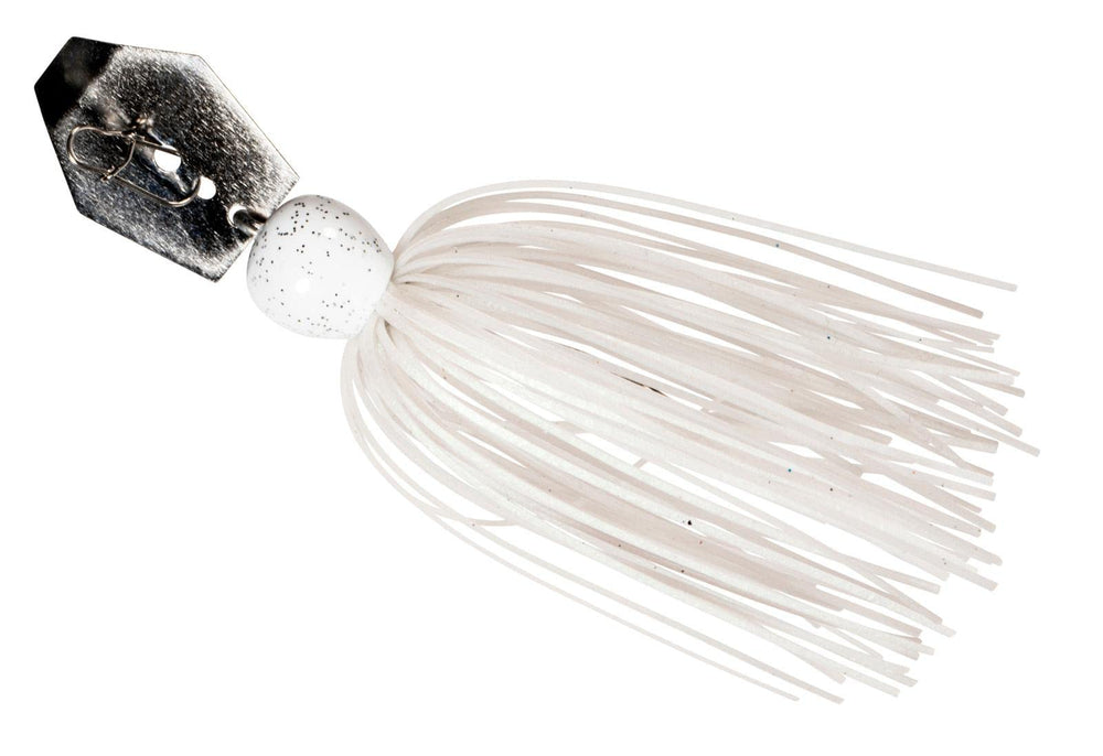 Z-Man ChatterBait MiniMax Pearl Ghost 1/4 oz shows secure skirts and keeper barbs for trailers