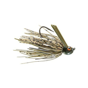 Z-MAN CrossEyeZ flipping jig in green pumpkin for shallow waters, strong hook and skirt action for cover.