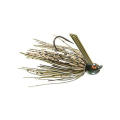 Z-MAN CrossEyeZ flipping jig in green pumpkin for shallow waters, strong hook and skirt action for cover.