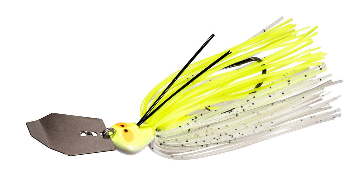 Z-Man CrossEyeZ ChatterBait 3/8 oz chartreuse/white for weedless bass jigging with strong vibration
