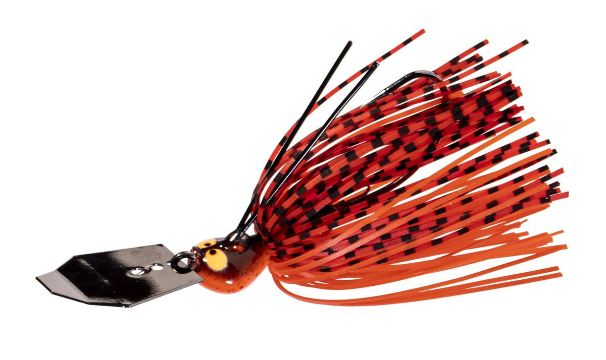 Z-Man CrossEyeZ ChatterBait 38oz Fire Craw boosts attraction and snag resistance during retrieves.