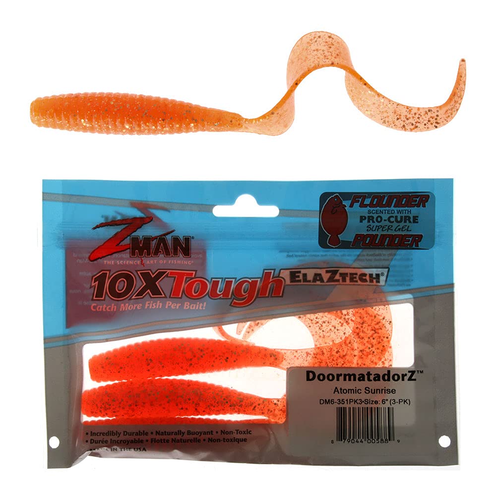Z-MAN Doormatadorz 6in Atomic Sunrise lure increases visibility for fluke and saltwater fishing.
