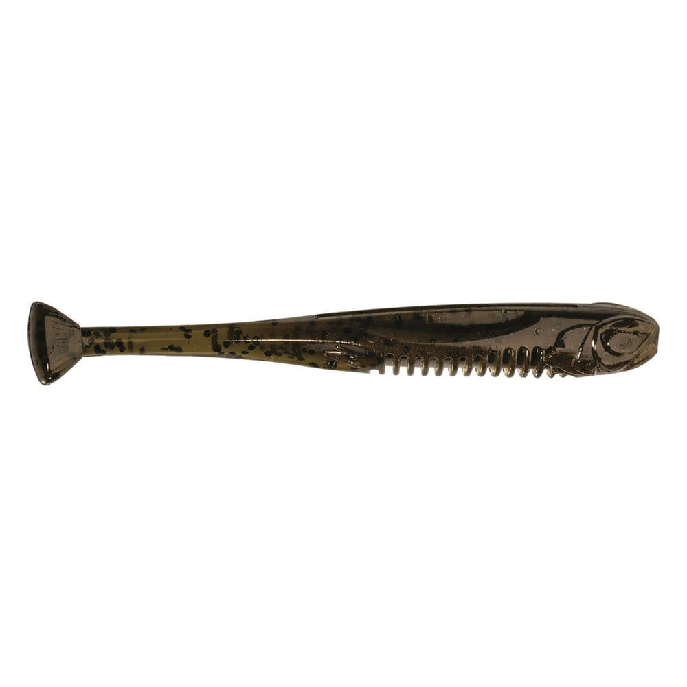 Z-MAN Drop KickerZ Green Pumpkin 3.5 ribbed belly boosts turbulence cues.
