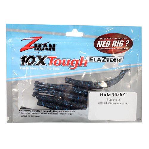 Z-MAN Hula Stick 4-inch black blue flake side view showing tentacles action