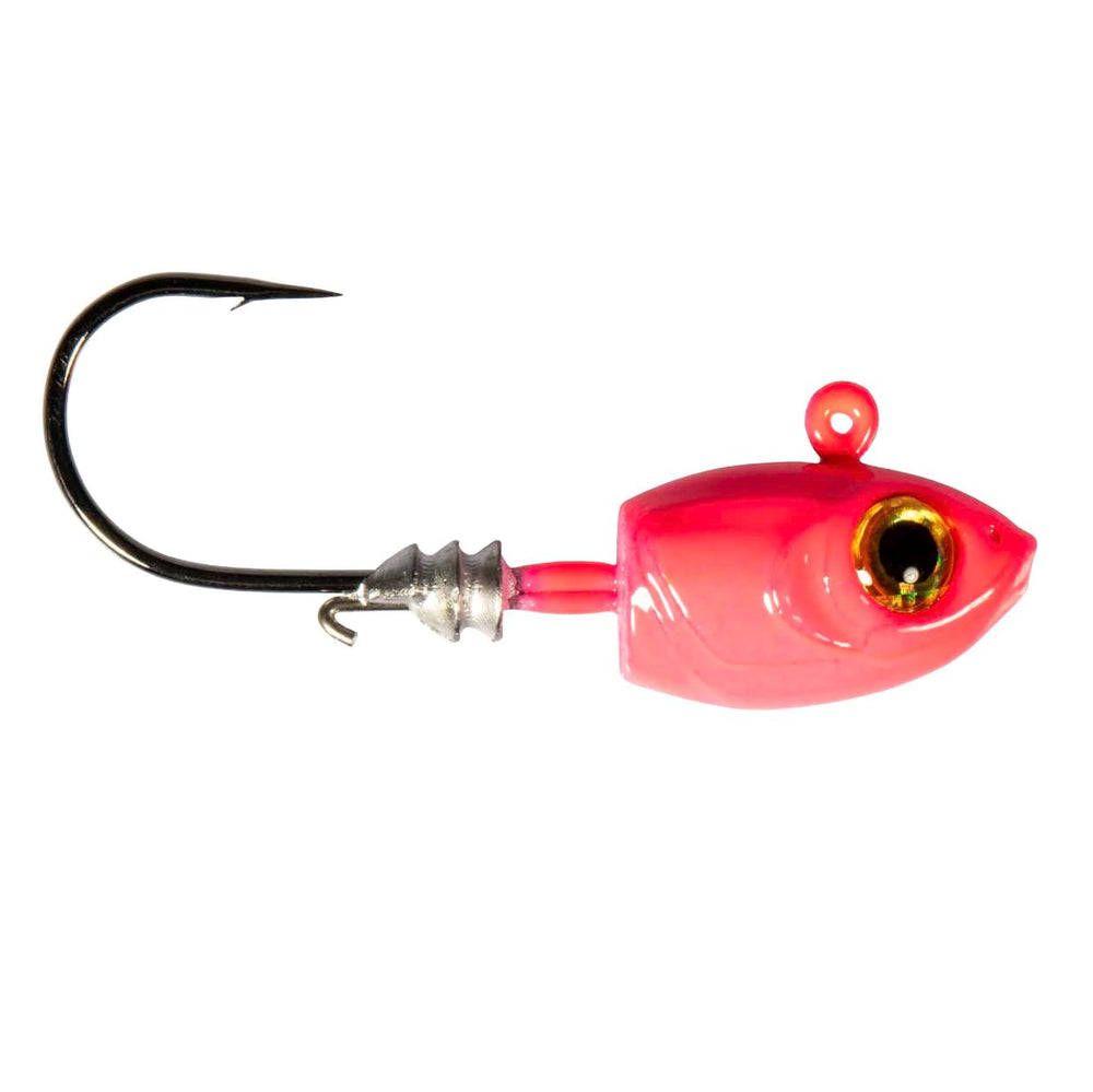 Z-Man MSH116-01PK4 Micro Shad HeadZ Pink Glow front view highlights lure appeal.