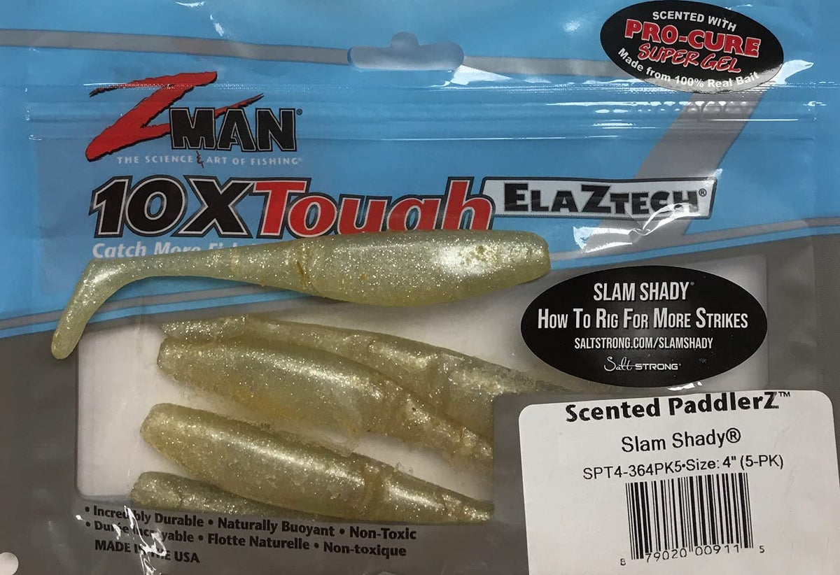 Z-Man PaddlerZ 4in scented Slam Shady pack for durable inshore saltwater fishing.
