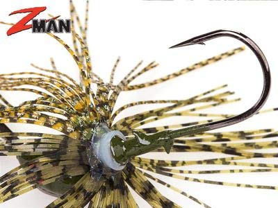 Z-Man Project Z ChatterBait green pumpkin 3/8 oz jighead close-up with sharp hook.