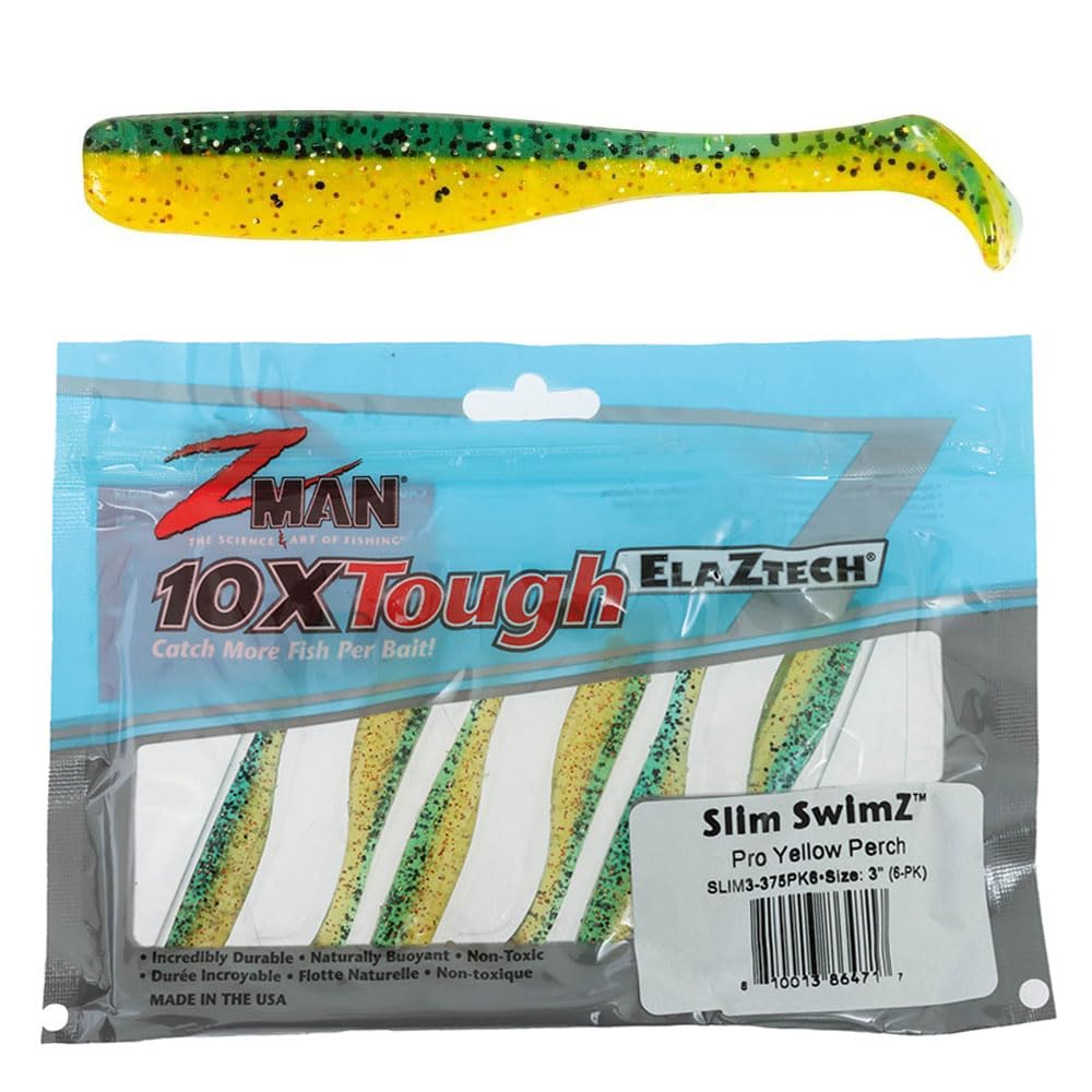 Z-Man Slim Swimz 3-inch Pro Yellow Perch bait shows slim profile for crappie and white bass