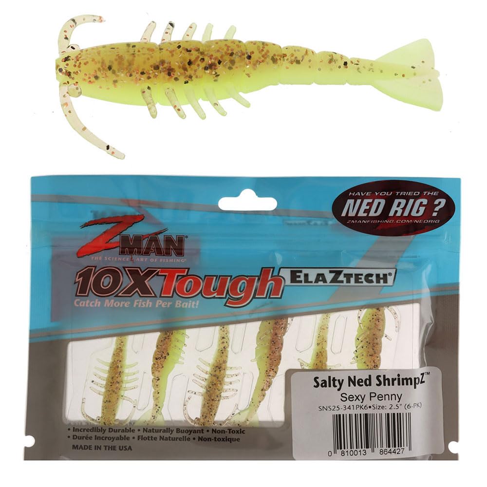 Z-Man Salty Ned Shrimpz 2.5in Sexy Penny shows lifelike shrimp profile for inshore fishing.