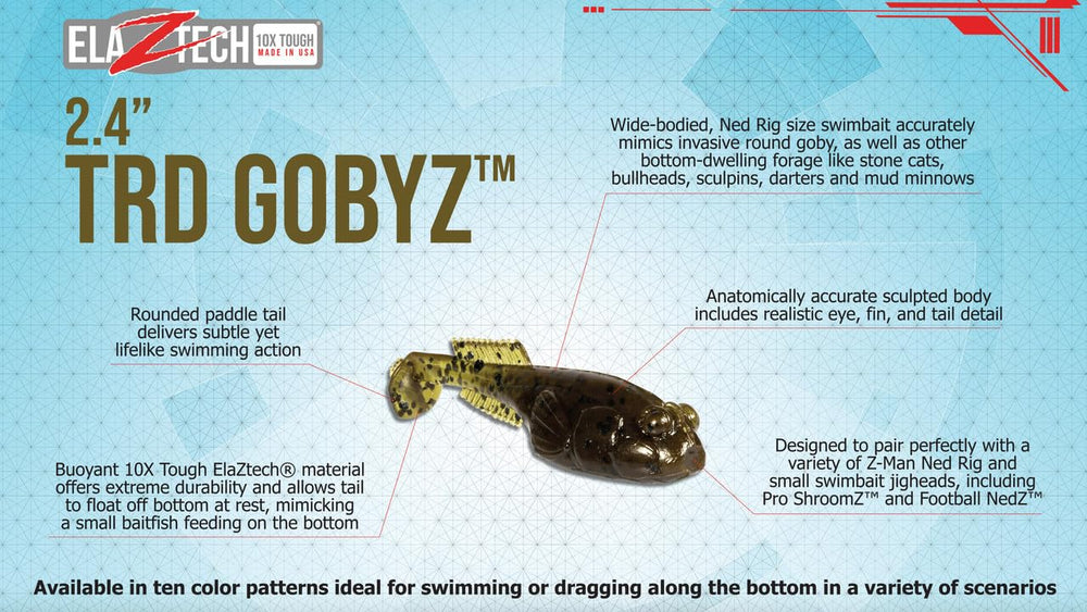 Z-Man GobyZ ElaZtech durability and buoyant tail for bottom-bouncing setups.