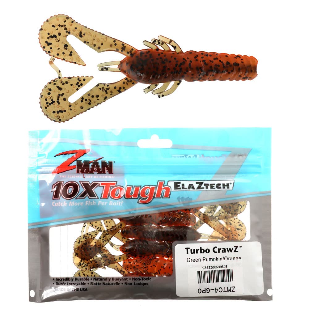 Z-Man Turbo CrawZ Green Pumpkin Orange pack shows durable ElaZtech construction for rugged fishing days.