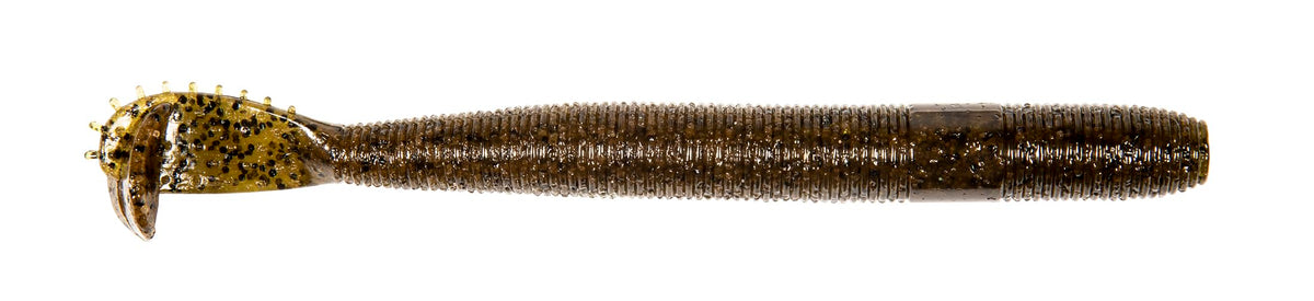 Z-Man Turbo FattyZ 6in Green Pumpkin swimbait with curved paddle tail for thumping action.