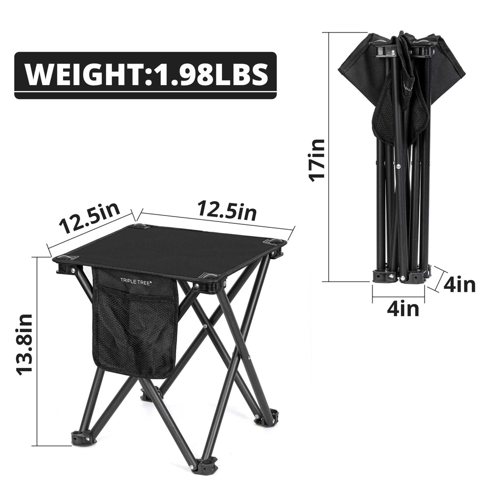 Zaboro Triple Tree folding stool in unfolded state offers comfortable seat height.
