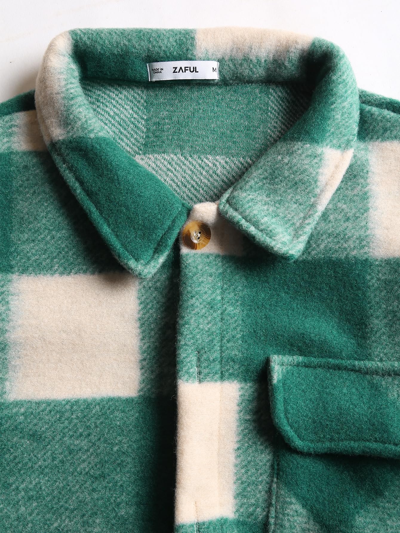 ZAFUL men flannel plaid shacket forest green turn-down collar detail for timeless silhouette
