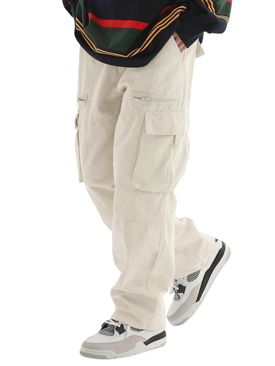 ZAFUL men's wild cargo pants apricot, front view with spacious pockets for daily essentials.
