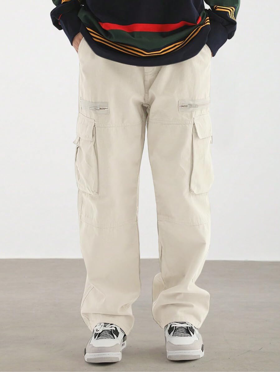 ZAFUL men's wild cargo pants apricot side view highlighting drawstring waist for adjustable fit.
