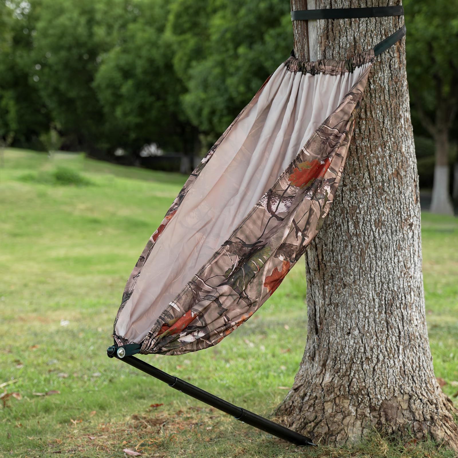 ZAIXIA camo tree chair setup shows quick, quiet hunting rest in the woods.