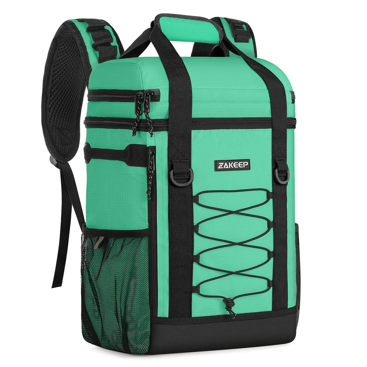 ZAKEEP cooler backpack front view highlighting 36-can capacity in mint green for outdoor meals