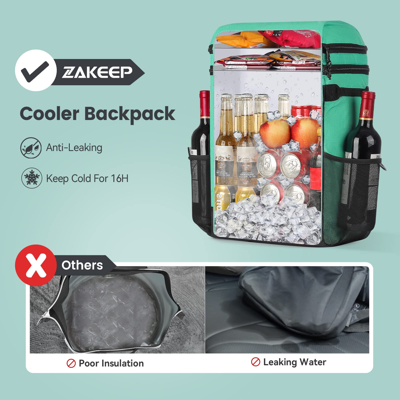 ZAKEEP cooler backpack insulated compartment for cold drinks and fresh snacks