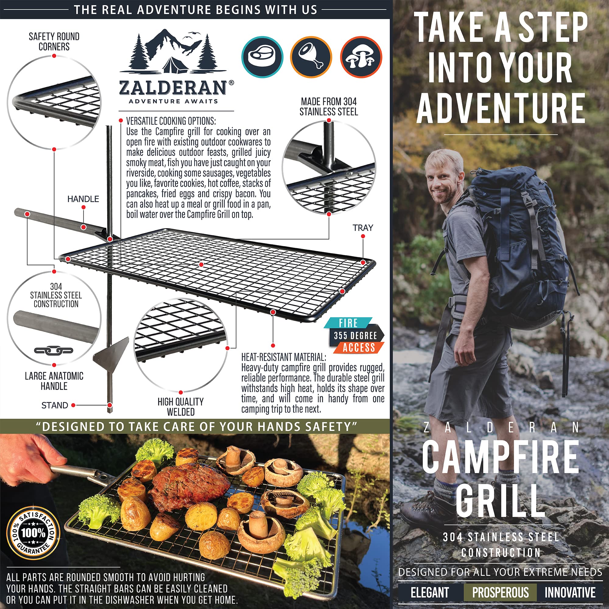 Zalderan Campfire Grill shows rust-proof 304 stainless steel construction.