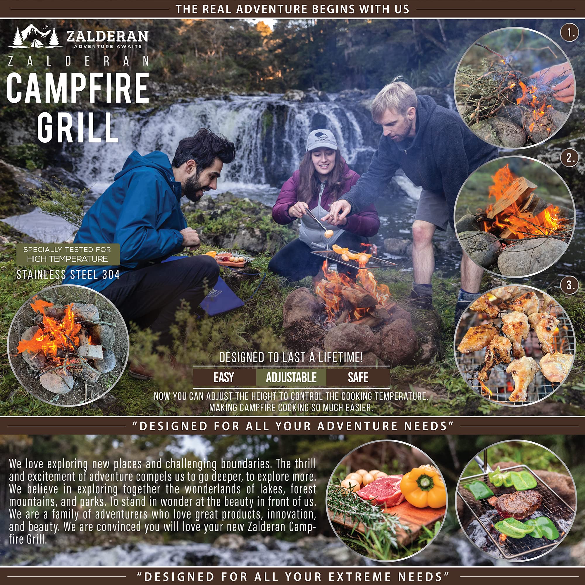 Zalderan Campfire Grill 6 mm lip prevents food from rolling into fire.