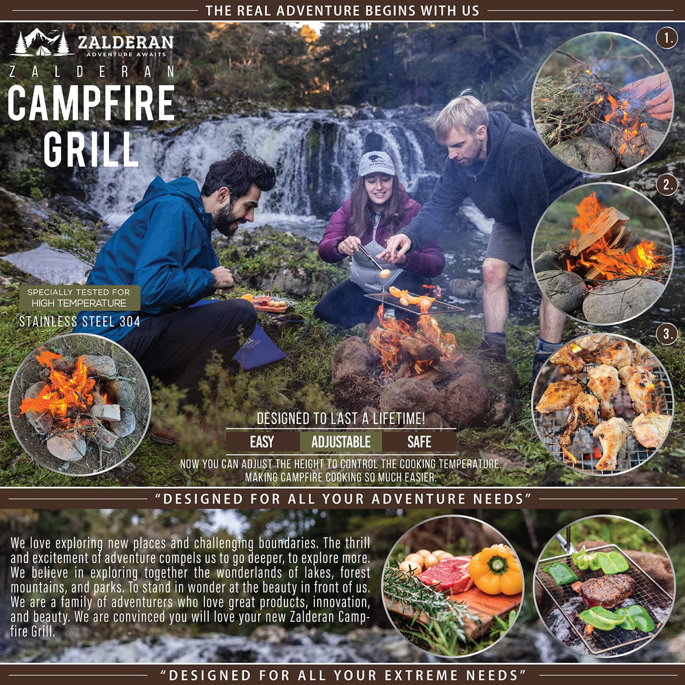 Zalderan Campfire Grill 6 mm lip prevents food from rolling into fire.