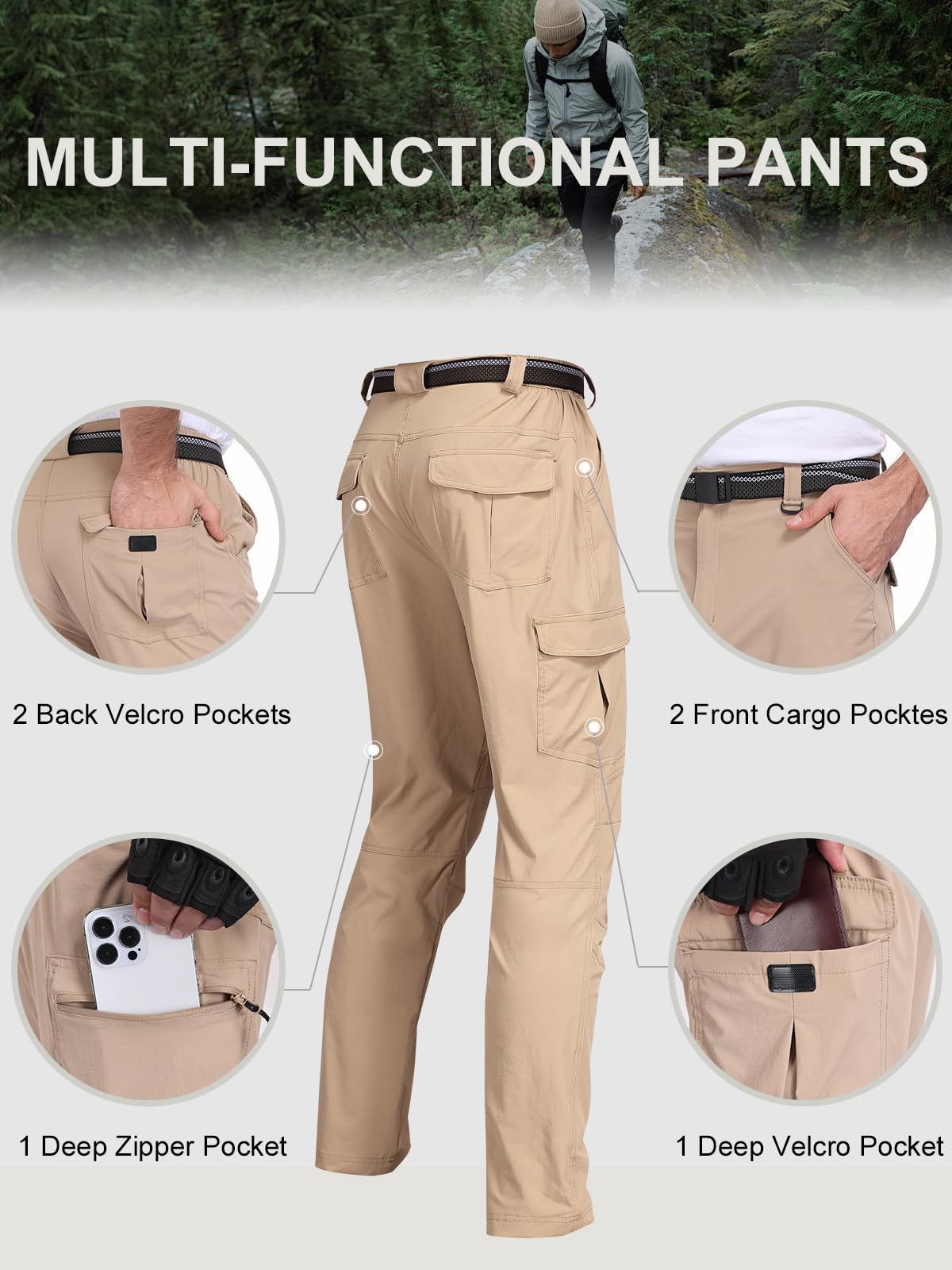 Zalify men's cargo hiking pants elastic waist with belt for adjustable fit