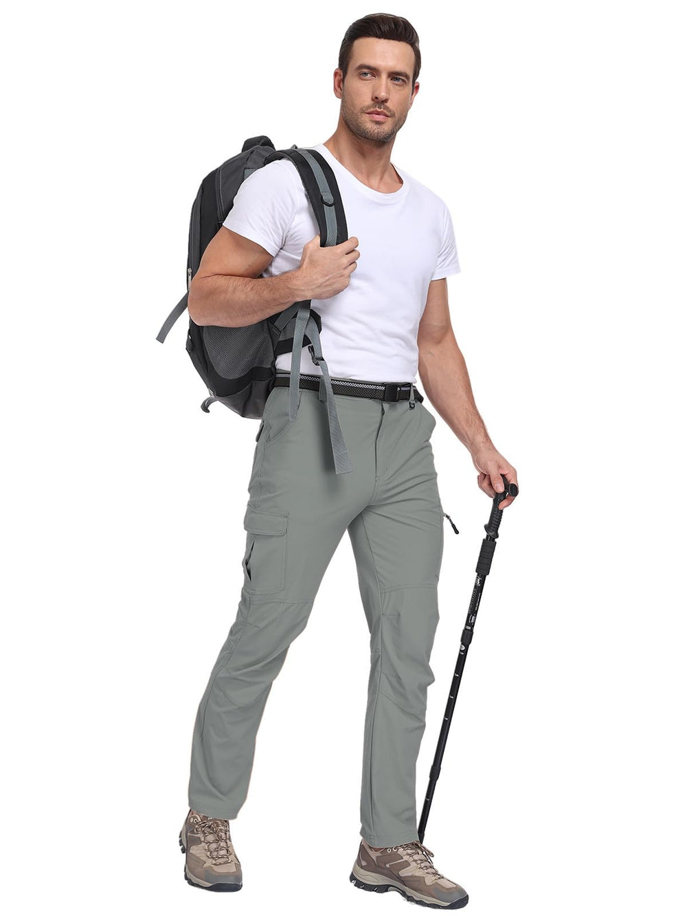 Zalify men's cargo hiking pants in-use on rugged trail with gear at hand.