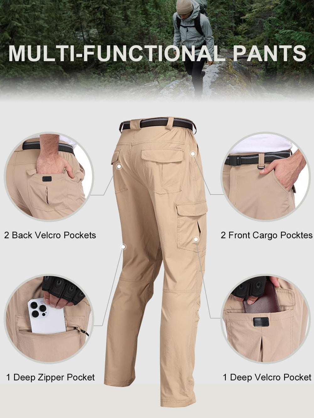 Zalify men's cargo hiking pants showcase water resistance with UPF 50+ for sun protection.