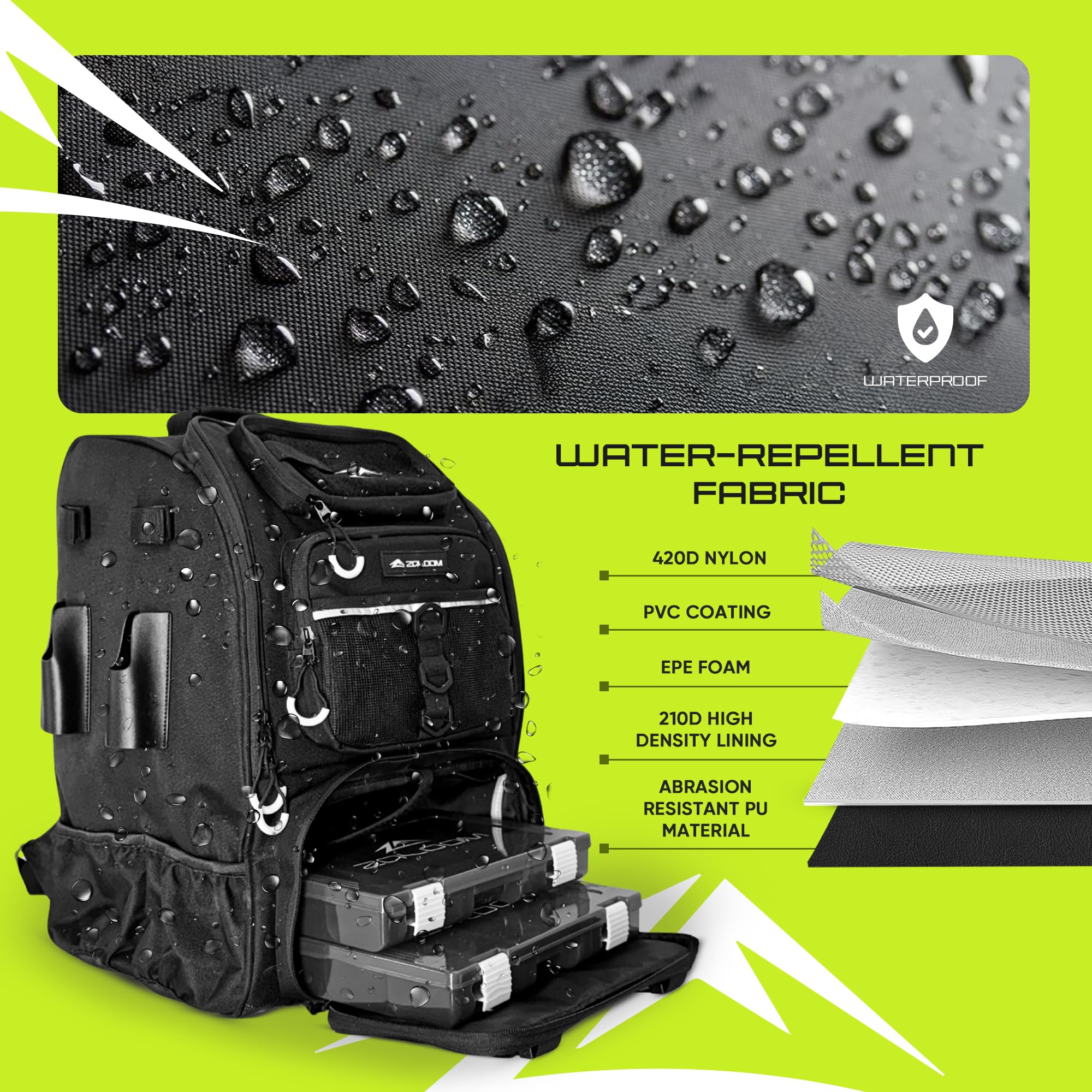Two tackle boxes included with Zaloom 45L fishing backpack