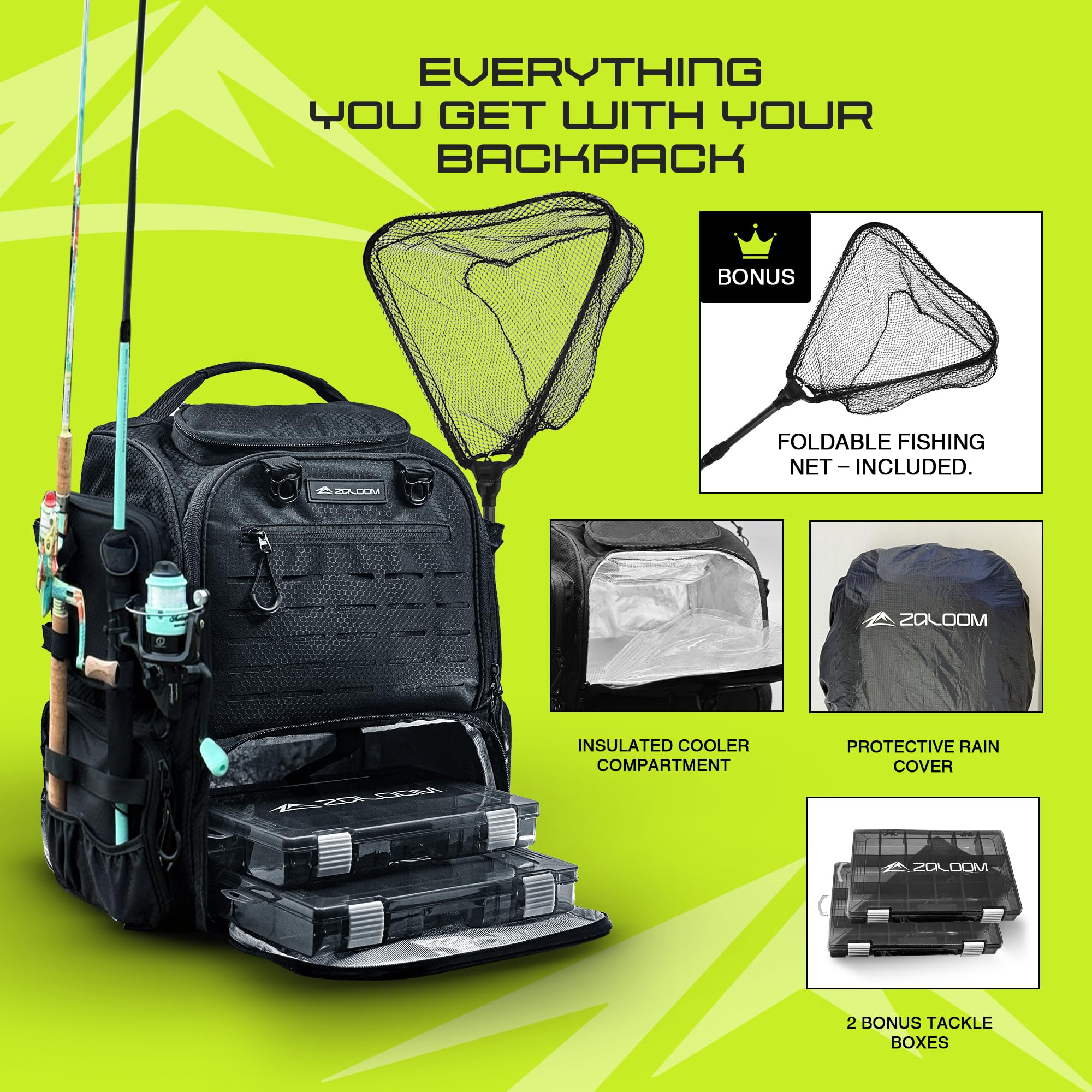 Zaloom backpack with built-in rod holders for hands-free fishing