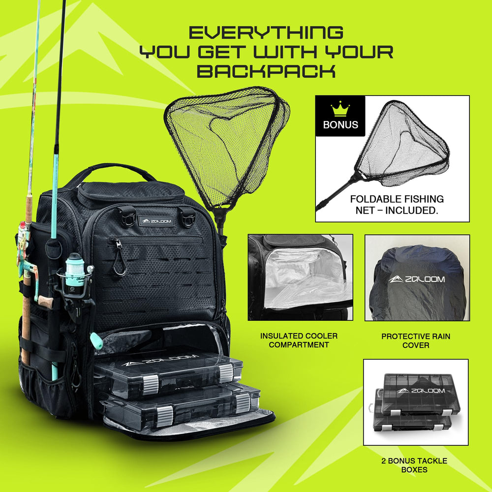Zaloom backpack with built-in rod holders for hands-free fishing