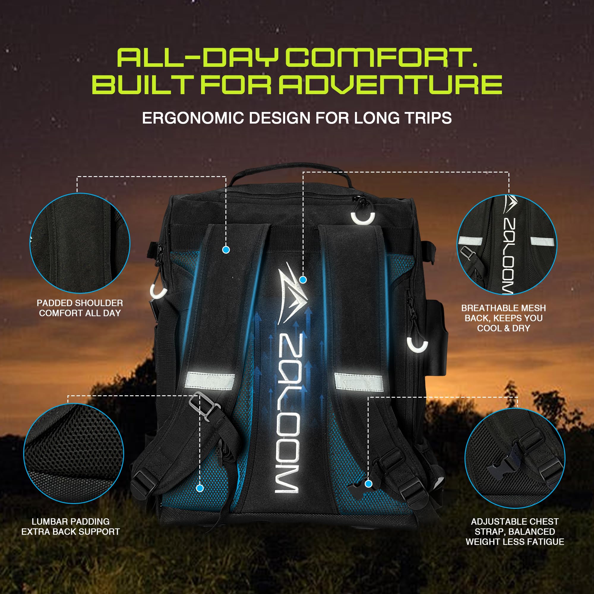 Zaloom fishing backpack with rod holder for hands-free casting and retrieval