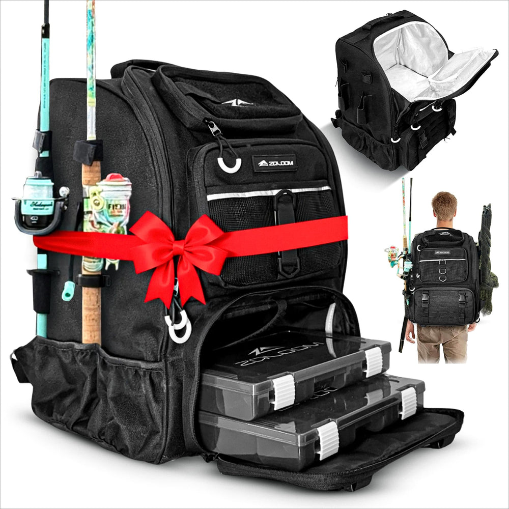 Zaloom waterproof fishing backpack front view showing 45L capacity and rugged construction for all-day trips