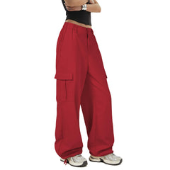 Zando Red Cargo Pants front view showing a baggy silhouette and relaxed fit.