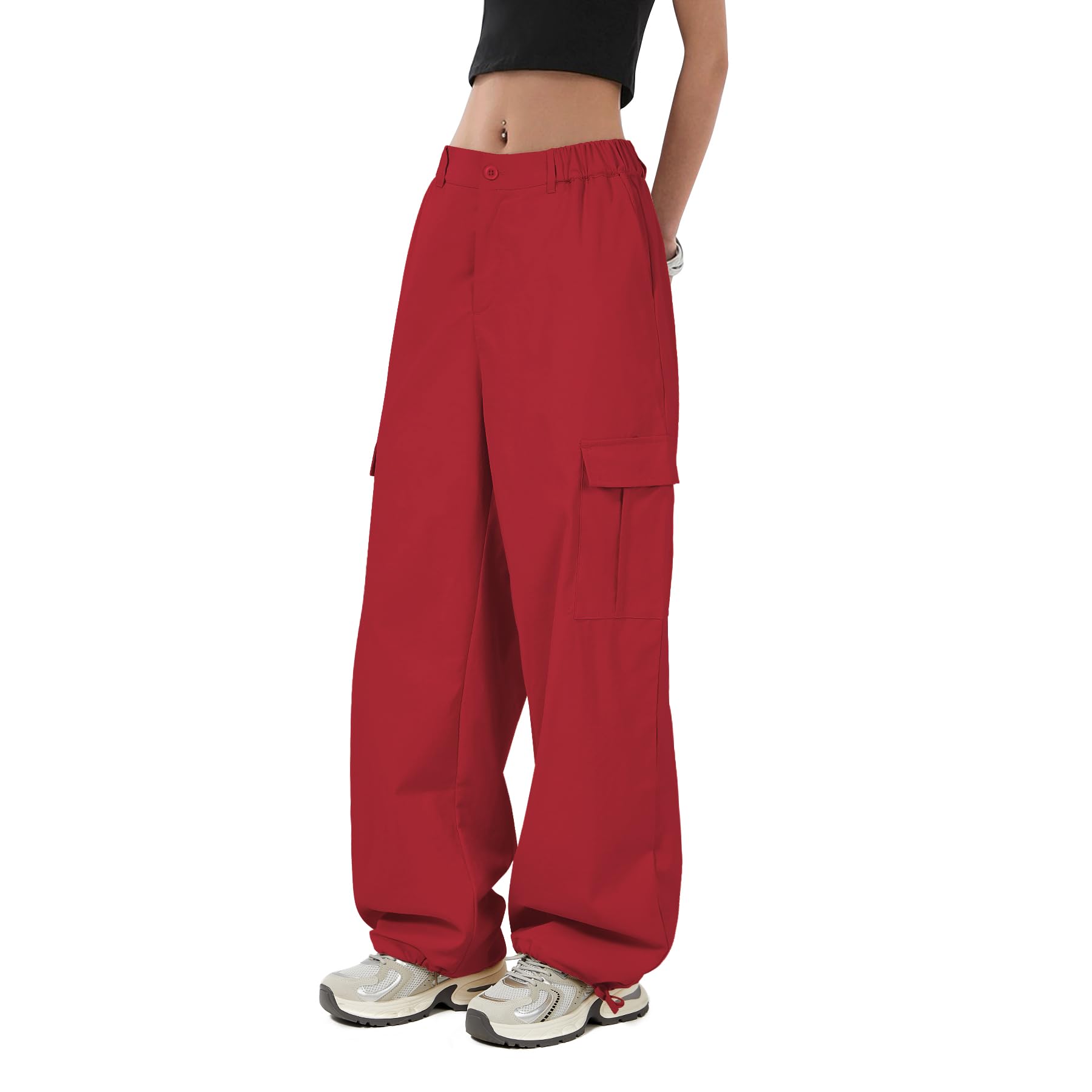 Zando Red Cargo Pants hem-adjustable feature with drawstrings for versatile styling.