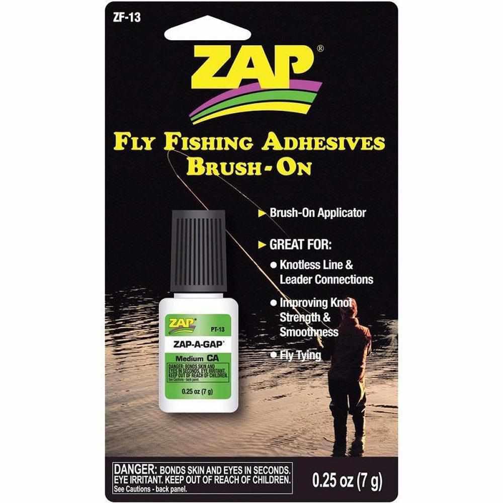 Zap A Gap CA+ fly tying adhesive bottle with brush applicator for quick, strong bonds