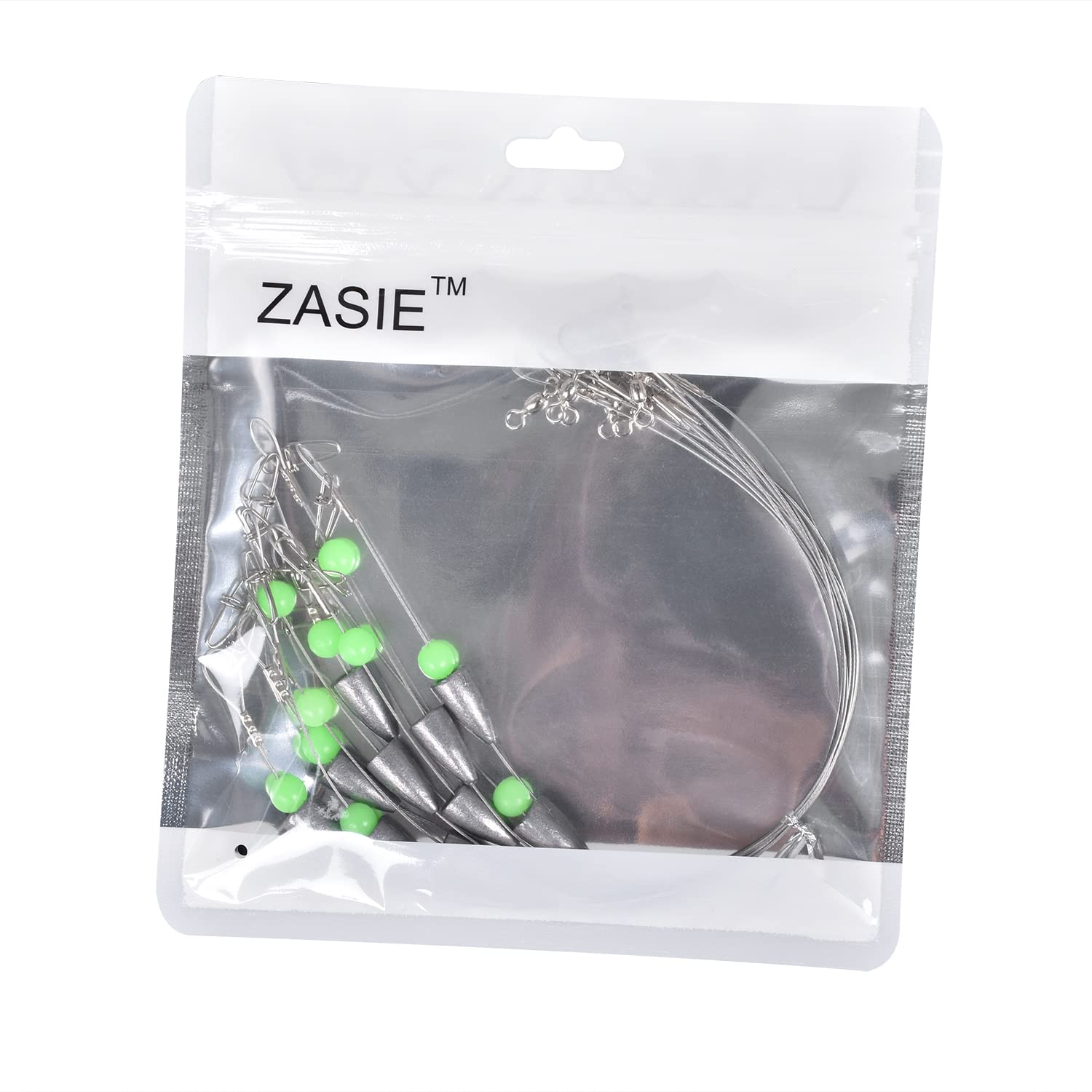 Side view of stainless steel leader highlighting weight and swivel