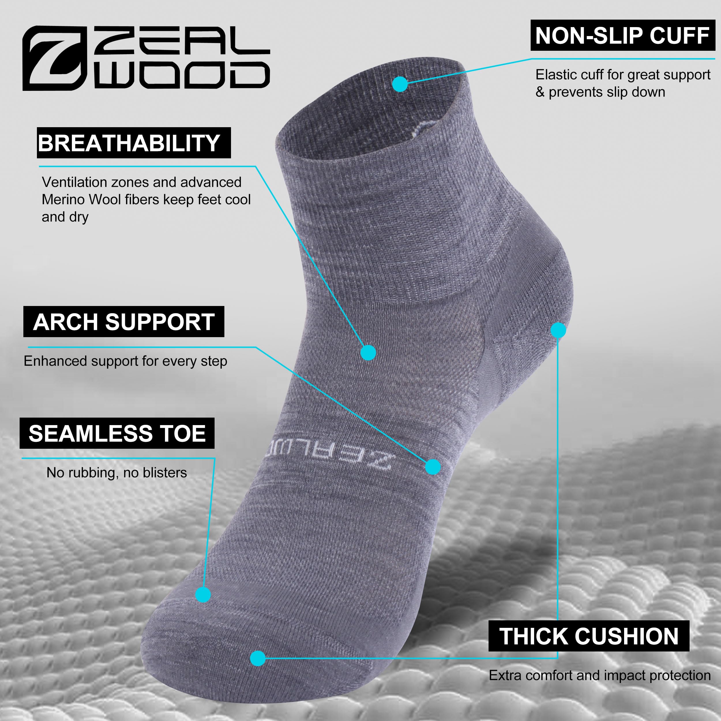 ZEAL WOOD merino wool running sock heel detail showcases reinforced support.