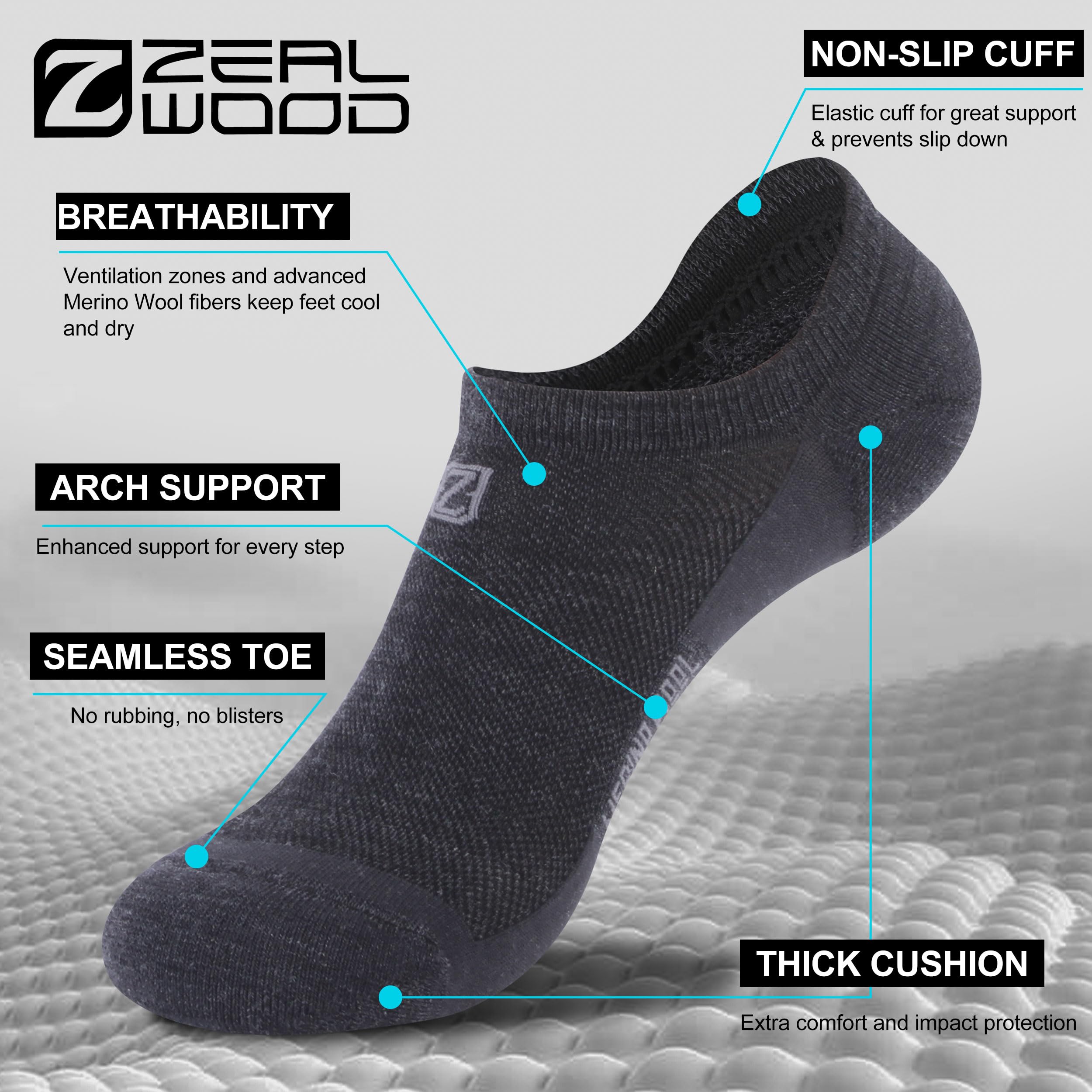 ZEALWOOD Merino Wool No Show Socks side view highlighting breathable mesh for cooler feet.