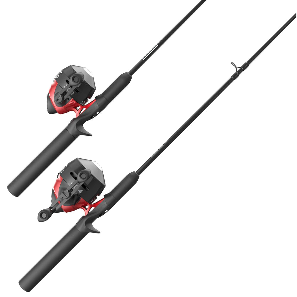 Zebco 202 and 404 spincast reels with a 5-foot-6-inch 2-piece fiberglass rod in black and red