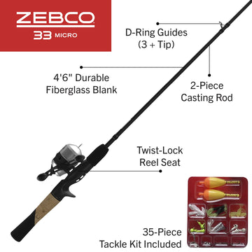 Zebco 33 Micro spincast rod extended, fiberglass construction delivers sturdy, reliable casting.