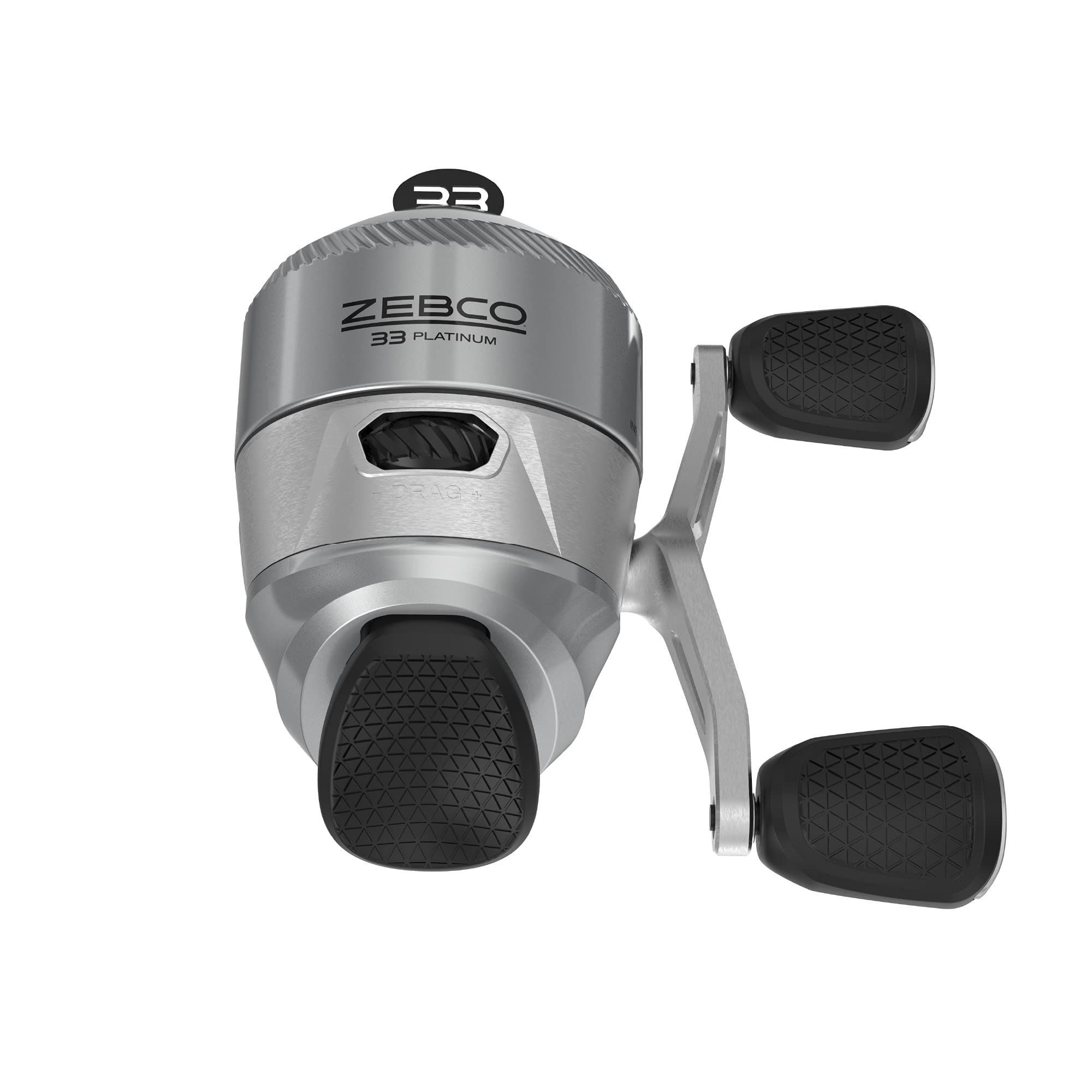 Zebco 33 Platinum front view with a sleek silver reel and durable metal frame
