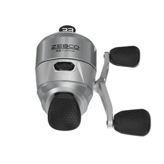 Zebco 33 Platinum front view with a sleek silver reel and durable metal frame
