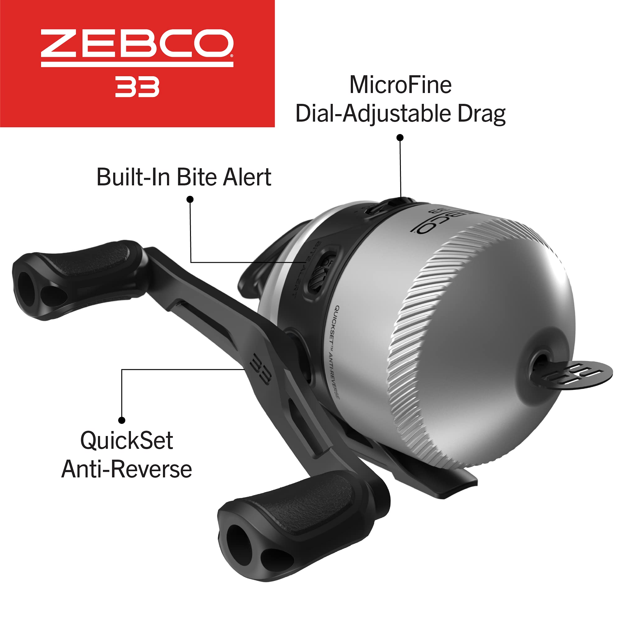 Dial-drag close-up on Zebco 33 Spincast showing microFine drag control.