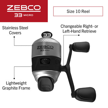Zebco 33 tackle kit contents shown for a beginner-ready fishing setup.