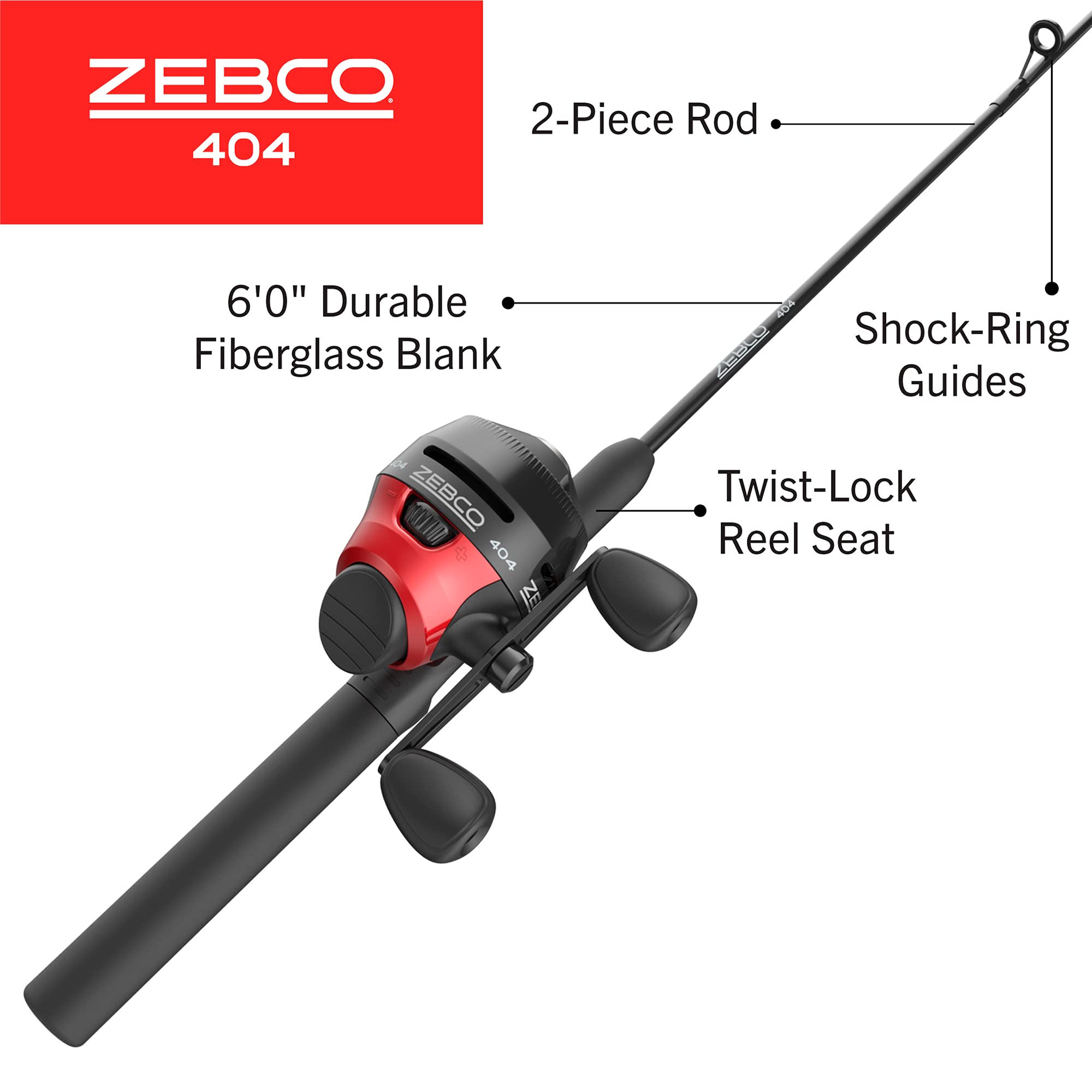Close-up of Zebco 404 reel with handle and line guide.