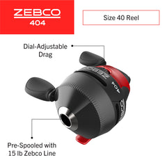 Angled shot of Zebco 404 spincast reel and rod combo showcasing build quality.